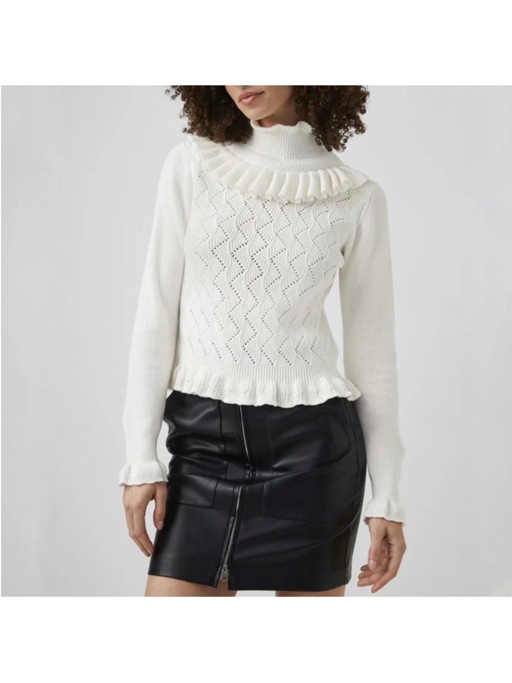 French Connection White Ruffled Turtleneck Pointelle Sweater Size Medium